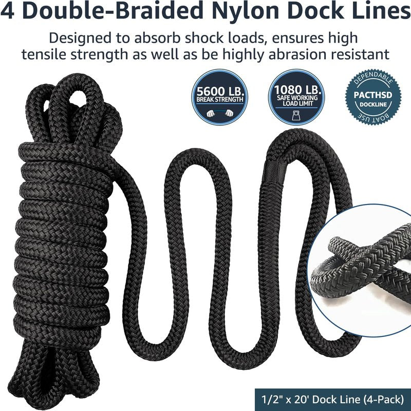 PACTHSD 4 Pack 1/2" x 20' Dock Lines - Marine Grade Nylon Boat Ropes with 12" Eyelet for Docking and Mooring - Double Braided Boat Lines, High Strength, Easy Handling, Fray Resistant - Black