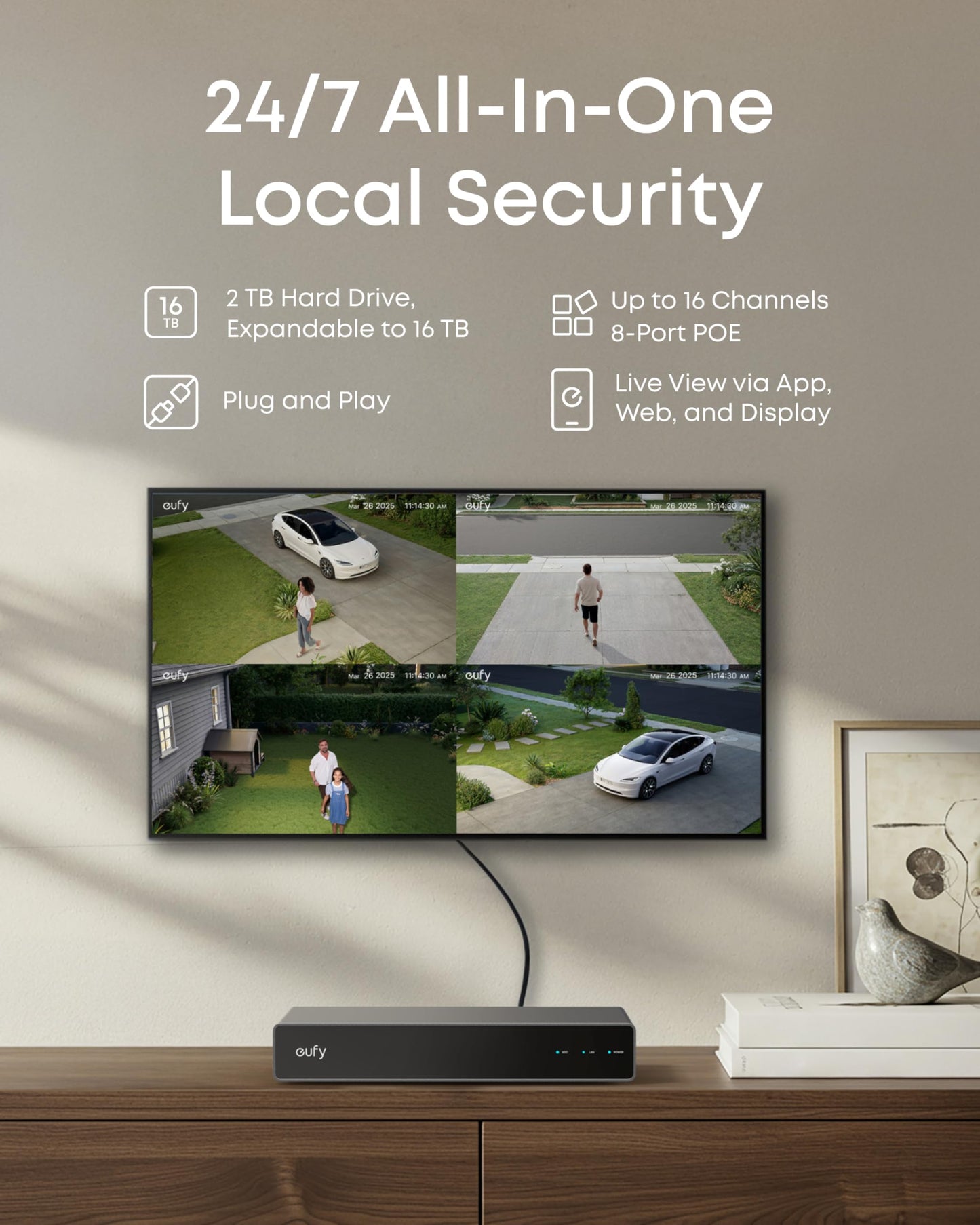 eufy Security Network Video Recorder S4 for Home Security Cameras, 8CH Up to 16CH, Local AI Agent, Smart Video Search, 2 TB HD, Up to 16 TB, 24/7 Recording, Only Works with eufy PoE Cams and Devices