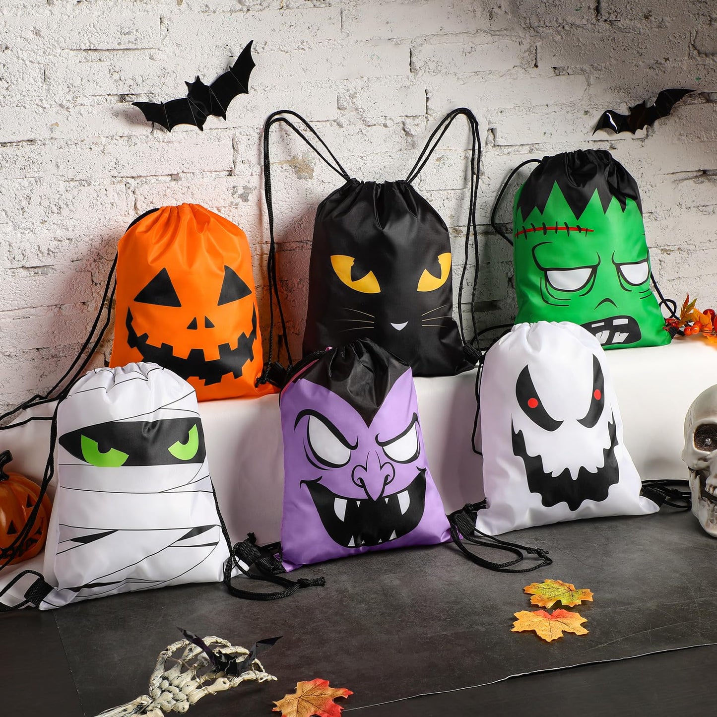 Censen 24 Pcs Drawstring Bags Set Bulk 12 x 10 Inch Waterproof Beach Sack Pack for Girls Boys Kids Gift Party Gym Supplies (Halloween Style)