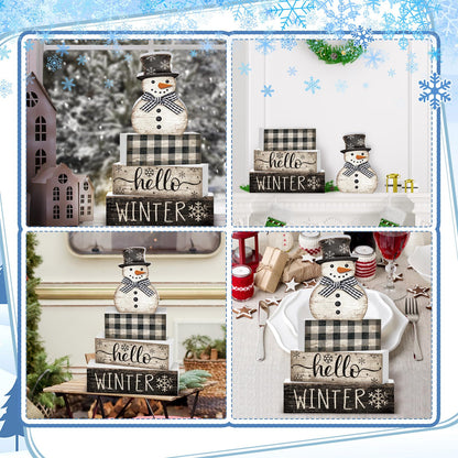 Moucuny 4 Pcs Snowman Christmas Decor Winter Table Decorations Christmas Tiered Tray Decor Winter Centerpiece Decorations Indoor Rustic Wooden Snowman Block Sign Gift Farmhouse for Home Kitchen Shelf