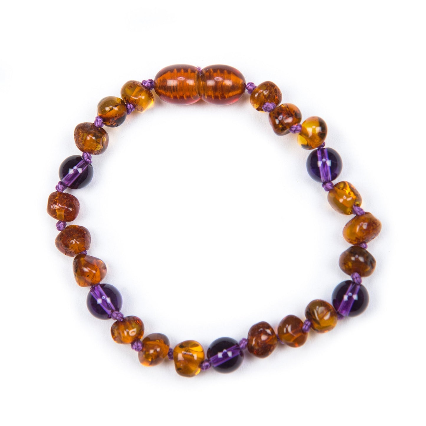 Baby J's - Cognac and Amethyst Coloured Bracelet/Anklet - Premium Amber Bracelet - Handcrafted with 100% Baltic Amber - Fitted with a Safety Screw Clasp - Knotted to Prevent Scattering - 14cm
