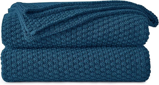 Longhui bedding Blue Knitted Throw Blanket for Couch - Soft, Cozy Machine Washable 100% Cotton Sofa Knit Blankets, Heavy 3.0lb Weight, 50 x 60 Inches, Laundry Bag Included