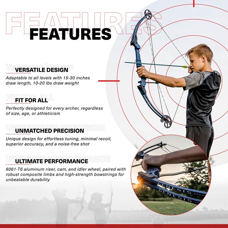Genesis Original Compound Bow & Arrow Kit- Adjustable Riser, 15"-30" Draw Length, 10-20 lb Draw Weight, All Skill Levels, Draw Hand - Left, Purple