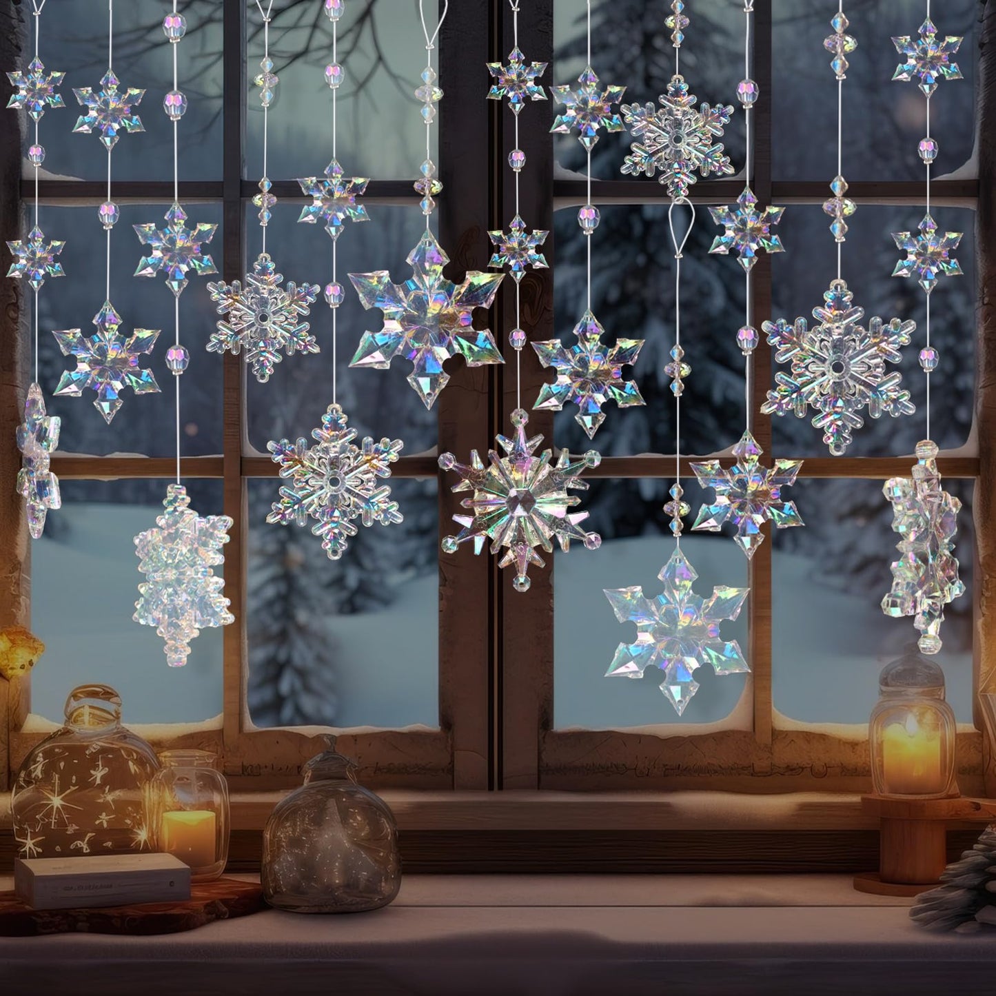 OuMuaMua 12pcs Christmas Crystal Snowflake Ornaments for Christmas Tree Decorations- Iridescent Hanging Acrylic Snowflake Ornaments for Xmas Tree Winter Wonderland Party Decor