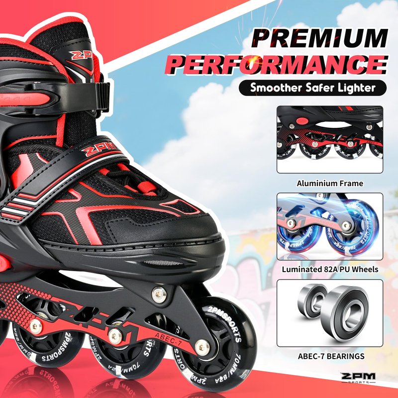2PM SPORTS Inline Skates for Boys Kids Girls Ages 5-8 8-12 4-6 6-12 with Light Up Wheels, Adjustable Kids Roller Skates Blades for Adults Women Female Beginners Youths Red, Medium - Big Kid (1-4 US)