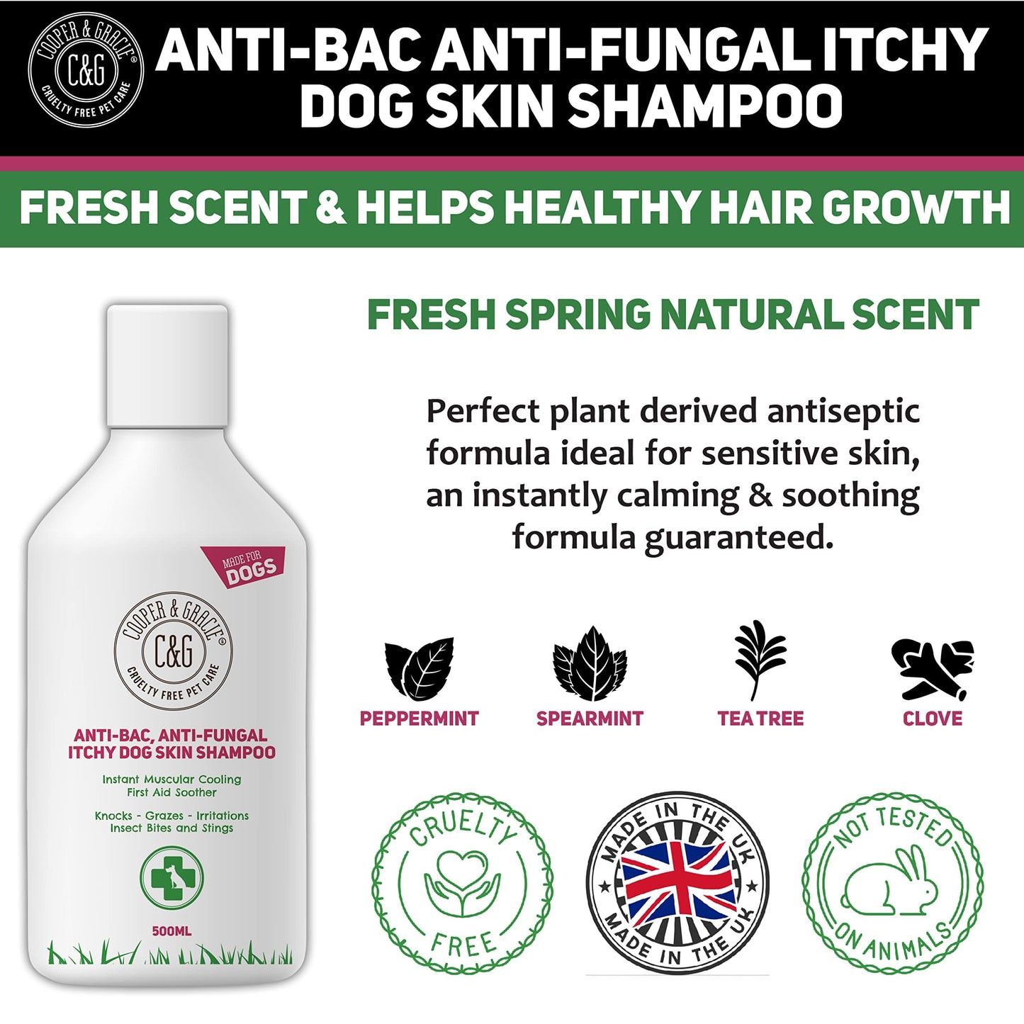 Dog Shampoo For Itchy skin Antibacterial And Antifungal | Natural Medicated Low Lather Safe Formula | Fast Absorbing and Skin Cooling First Aid | Great For Grazes Skin Irritation