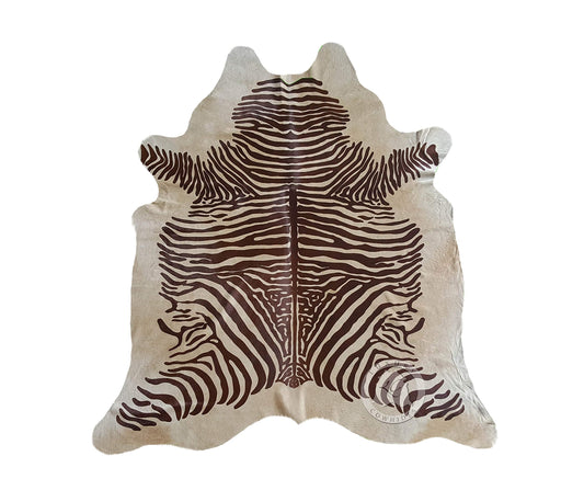 Sunshine Cowhides 100% Genuine Zebra Print Brown on Beige Cowhide Rug - Modern Style Animal Skin Rug & Floor Carpet for Living Room, Bedroom, Kitchen & More - Large (6x6-7ft)