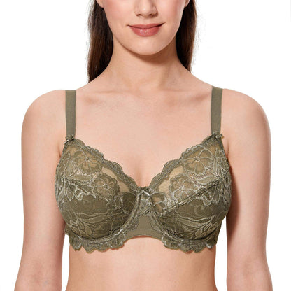 CALVENA Women's Lace Bra Full Coverage Non Padded Underwired Unlined Plus Size Bra for Everyday Comfort Camouflage 34DD