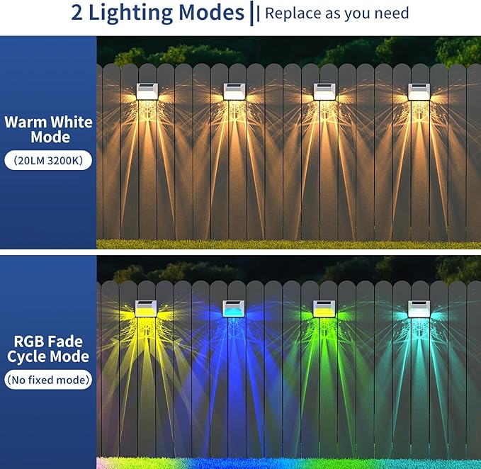 Solar Powered Fence Deck Lights Outdoor Waterproof Led IP65 RGB Color Changing/Warm White Auto On/Off Solar Step Lights for Outside Stair Garden Yard Wall Patio (6 Pack, White)