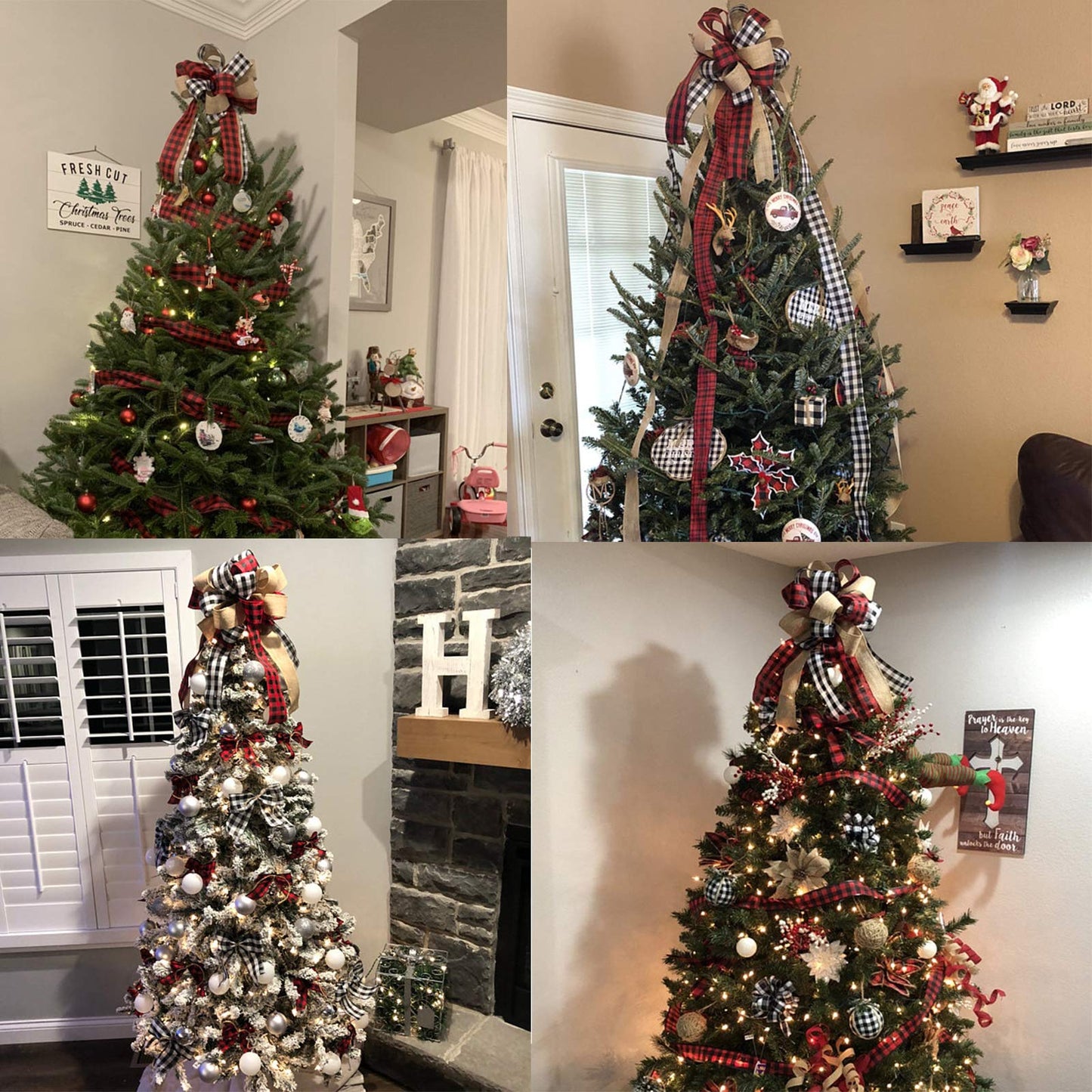 Tmflexe Christmas Bows Tree Topper Red Black White Buffalo Plaid Ornaments Handmade for Wreath Door Burlap Rustic Farmhouse Decoration (Burlap Buffalo Plaid)