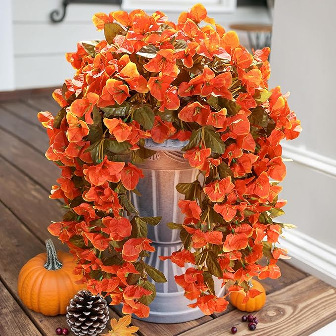HyeFlora Bougainvillea Artificial Hanging Flowers Plants for Outdoors Winter Decoration, 2pcs Faux Bougainvillea Vines Orange Fake Flowers Realistic UV Resistant Silk Flowers for Outside Planter Yard