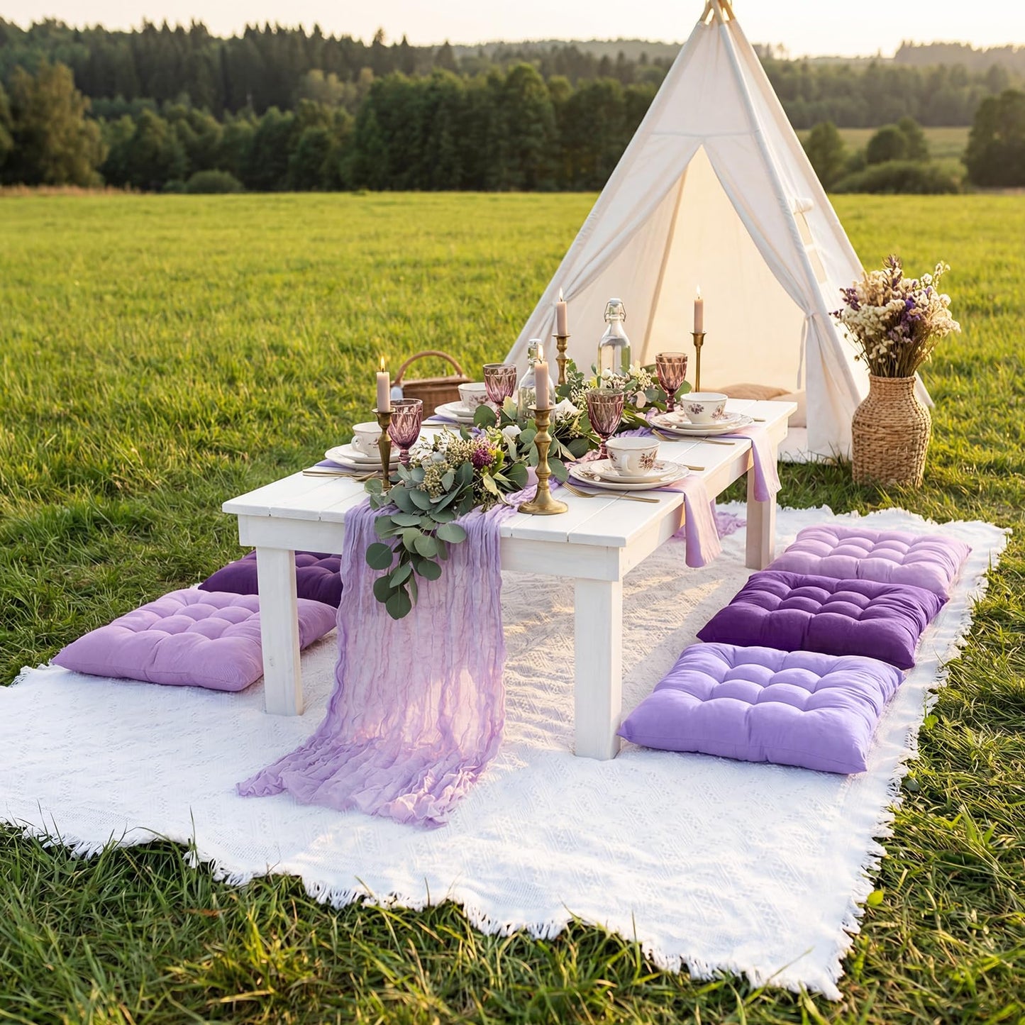 Hillsuren 8 Pcs Fit for 6 People 91 x 71'' Extra Large Outdoor Picnic Blanket with Purple Table Runner and Floor Pillow Cushion Fit for 6 People Picnic Wedding Birthday Baby Shower Backyard Decor