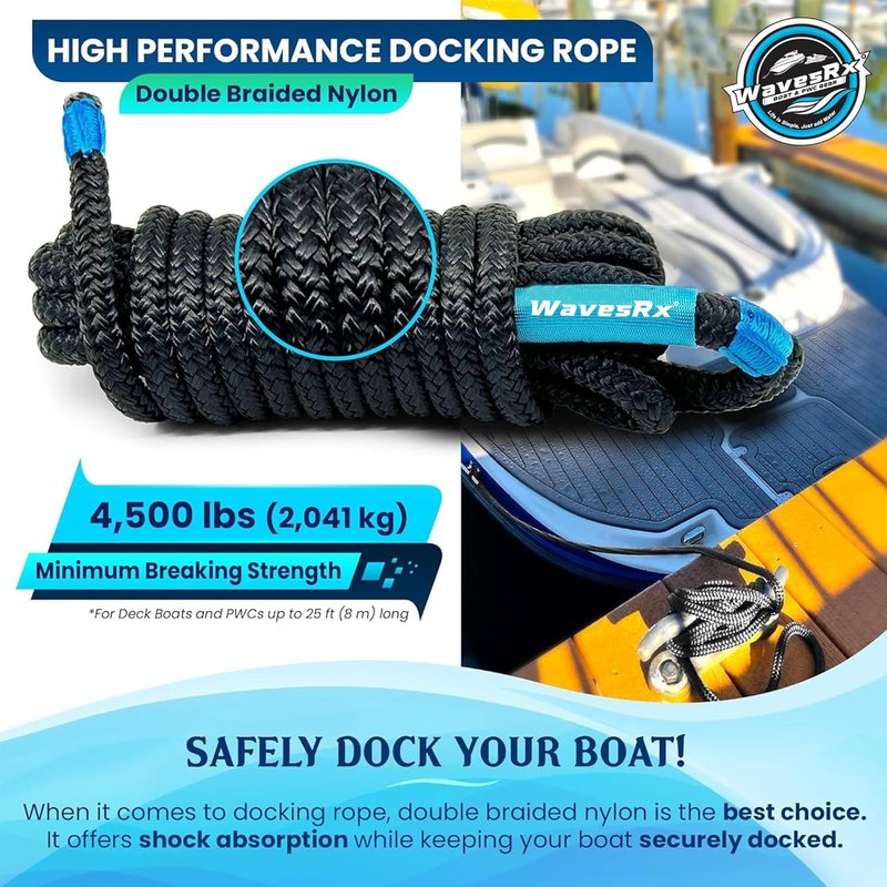 Premium Nylon Boat Dock Lines & Ropes for Docking 3/8'' x 15' | Double Braided Marine Rope & Mooring Line| Boat Ropes for Docking with Loop | UV & Saltwater Resistant Dock Ropes for Boats & Pontoons