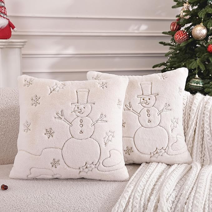 Christmas Throw Pillow Covers 18x18 Set of 2,Soft Plush Faux Fur Christmas Pillows Covers Embroidery Decorative Throw Pillows for Couch Bedroom Holiday Festivals Winter Home Decor