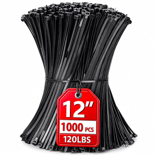 Zip Ties 12 inch, 1000 Pack Heavy Duty Black Zip Ties with 120 lbs Tensile Strength, Self-Locking Nylon Cable Ties,Wire Ties for indoor and outdoor use.