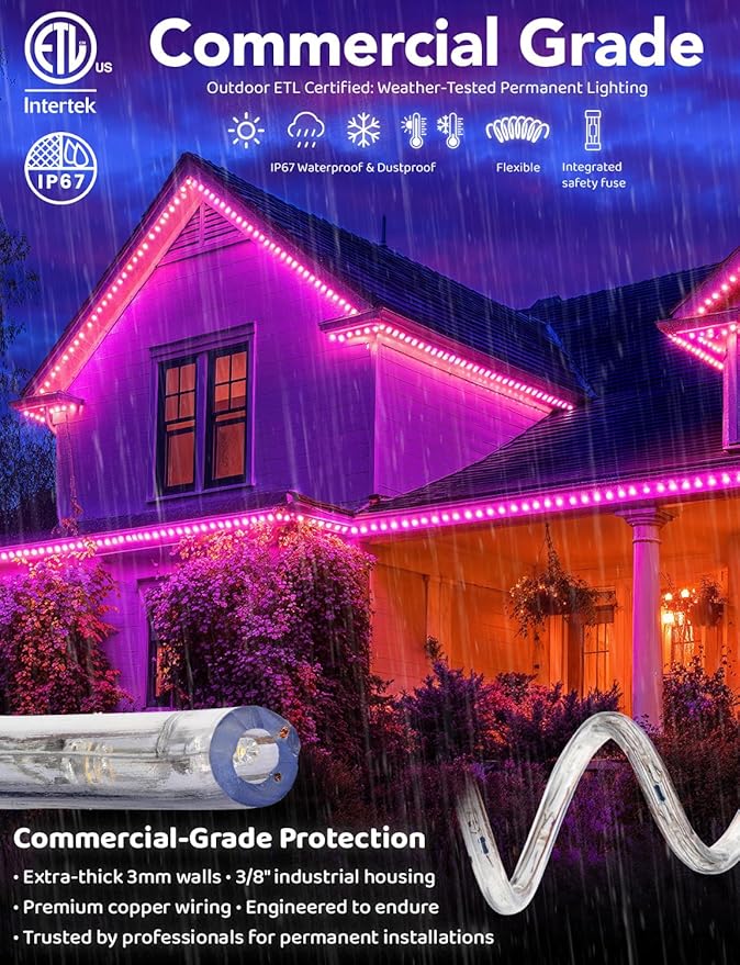 WYZworks 288LEDs 25ft LED Outside Rope Lights, Outdoor ETL Certified Waterproof Permanent 360 Degree Light Emitting, Flexible Tube, Connectable, Christmas Palm Tree Exterior Landscape, Pink