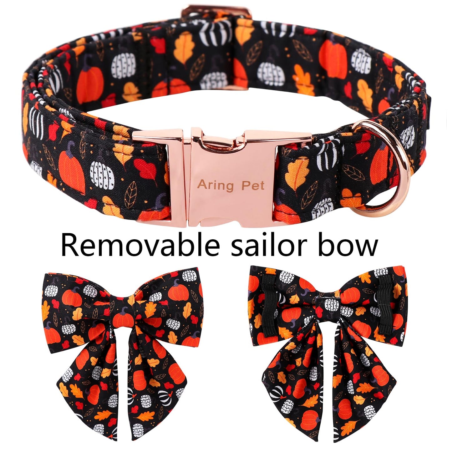 ARING PET Halloween Dog Collar with Bow, Cotton Autumn Black Pumpkin Orange Sailor Bowtie Collars with Metal Buckle for Puppy Small Medium Large Girl Boy Dogs Pets-S