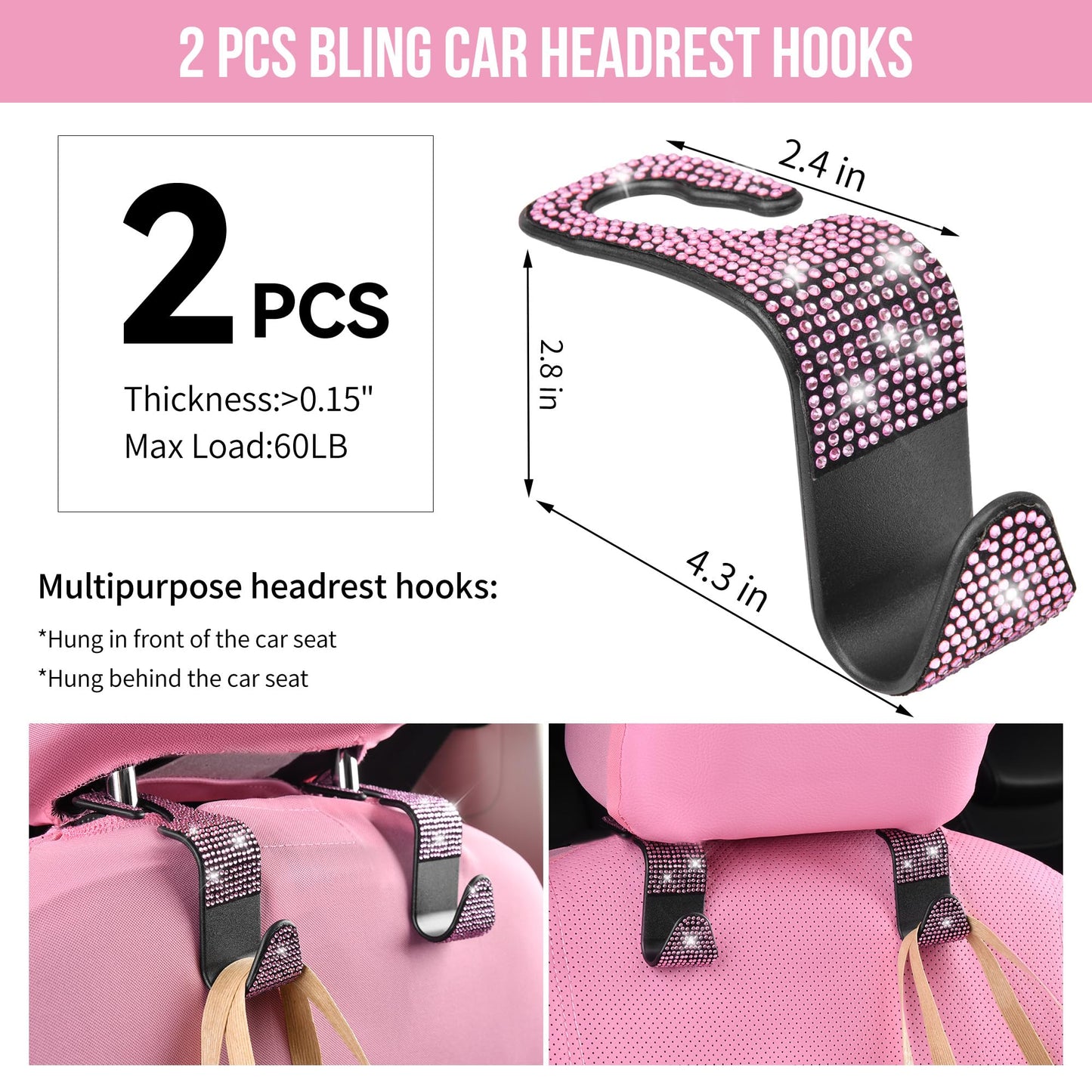 CAR PASS Bling Pink Car Accessories Set for Women, Sparkly Rhinestone Diamond Steering Wheel Cover Seat Belt Cushion Glitter Shift Knob Cover Car Cup Holder Coaster Cute Interior Sets, Pink 22 PCS