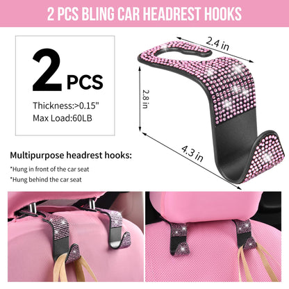 CAR PASS Bling Pink Car Accessories Set for Women, Sparkly Rhinestone Diamond Steering Wheel Cover Seat Belt Cushion Glitter Shift Knob Cover Car Cup Holder Coaster Cute Interior Sets, Pink 22 PCS