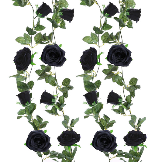 Felice Arts 2 Pack Black Artificial Flower Garland Each 6.5FT Fake Rose Vine Hanging Rose Garland for Halloween Wedding Flowers Table Centerpiece Arrangement Mirror Decor