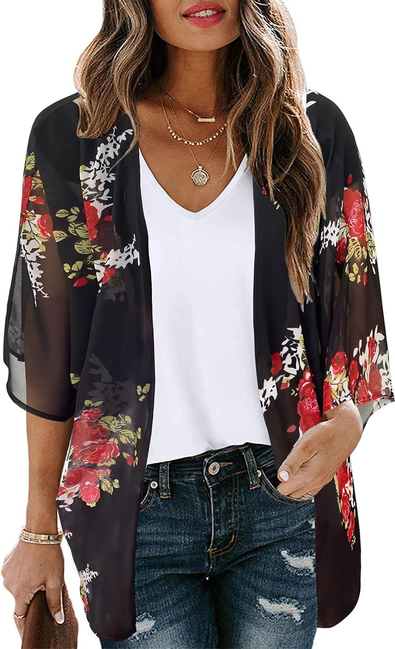 Floral Print Puff Sleeve Kimono Cardigan - Casual Loose Blouse Top for Women | 2026 Style