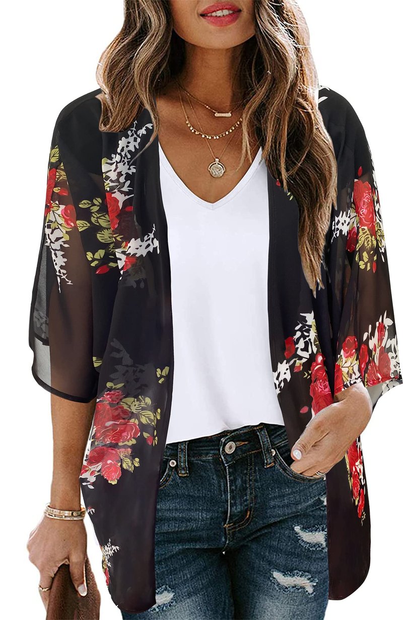 St Patricks Day Shirt Bathing Suit Cover Up Green Floral Kimono Cardigans Festival Tops(Black Green Clover, M)