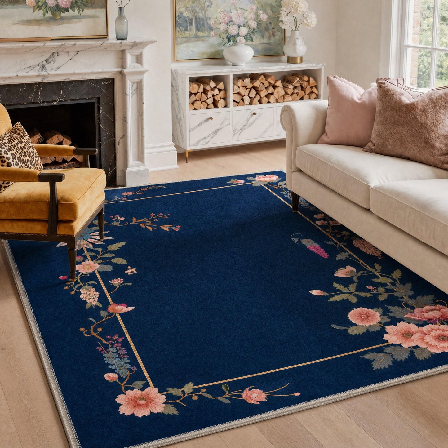 GENIMO 8X10 Area Rugs for Living Room, Machine Washable Non Slip Stain Resistant Low Pile Rug, Floral Border Soft Rugs for Bedroom, Dining Room, Home Office, MidnightBlue