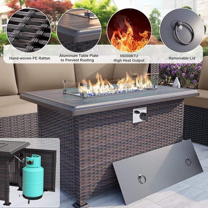 ALAULM 15 Pieces Outdoor Patio Furniture Set with Propane Fire Pit Table Outdoor Sectional Sofas Patio Furniture 43" Gas Fire Pit Brown PE Rattan Patio Conversation Set w/12 Cushions-Sand