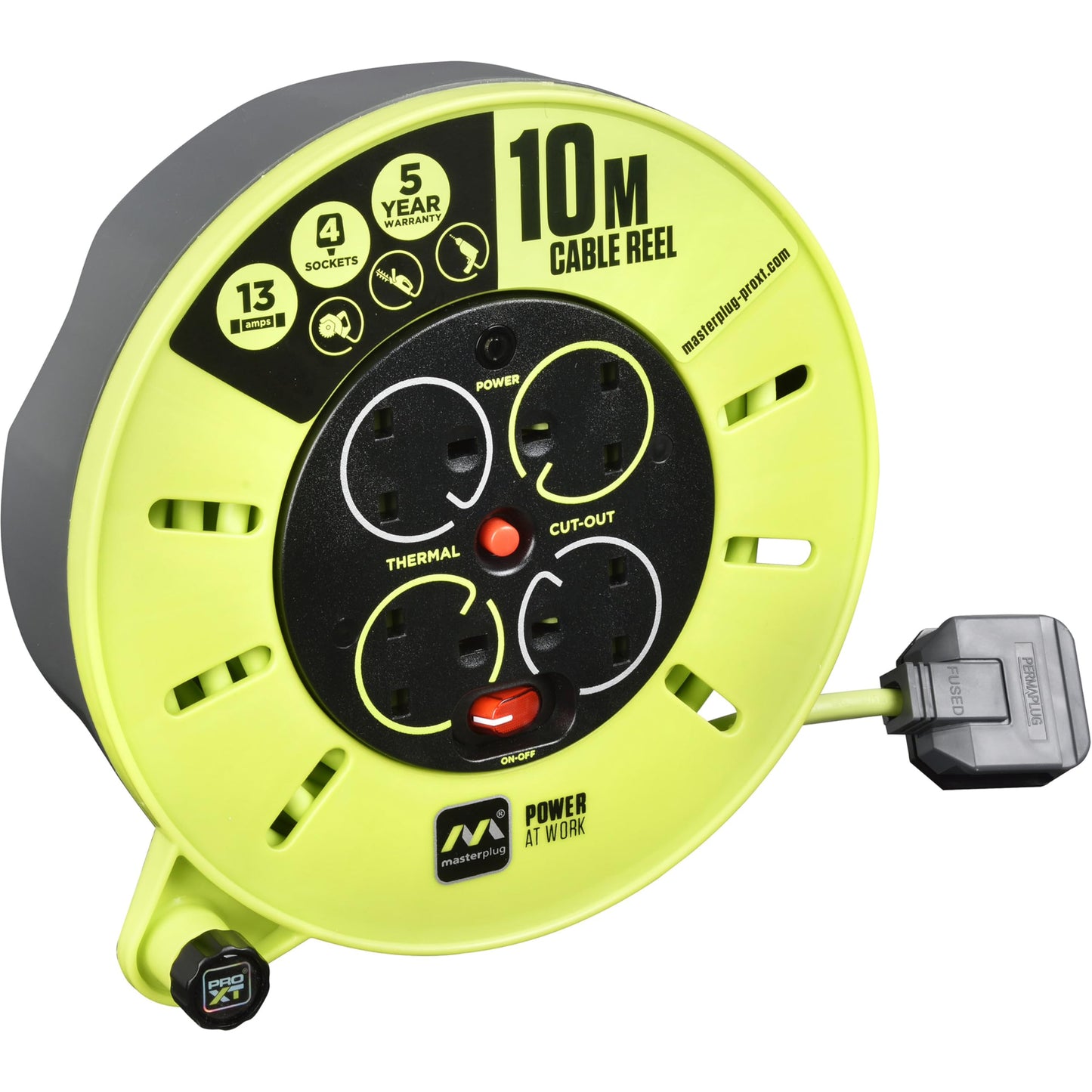 Masterplug Premium 4 Socket Cassette Reel with 10 Metre High-Vis Cable, Heavy Duty Power Cable Extension Reel, Thermal Cut-Out & Power Indicator, Medium, Pro-XT, Grey/Green, 13A, 4G, 10m, CMU10134SL
