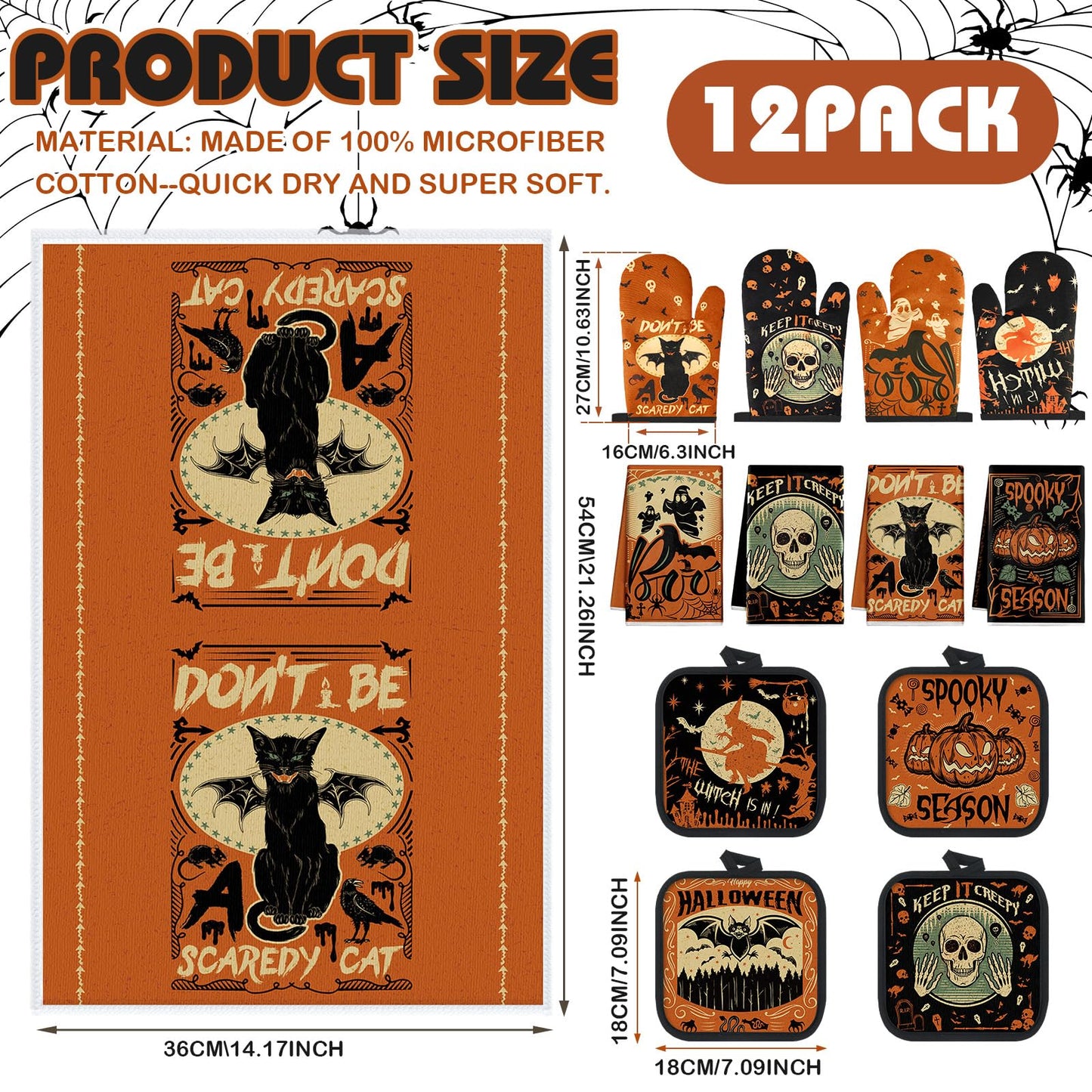 SiliFine 12 Pcs Halloween Kitchen Towels Pot Holders and Oven Mitts Set 4 Ghost Dish Towels 4 Gothic Witchy Oven Mitts 4 Spooky Pumpkin Pot Holders for Halloween Home Cooking Dish Baking Decorative