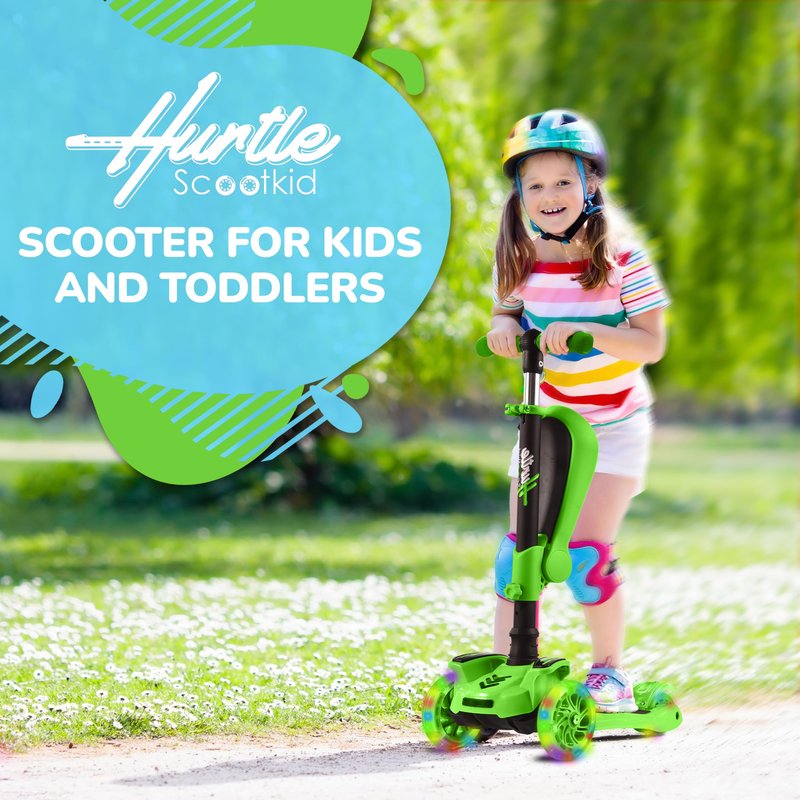 Hurtle 3 Wheeled Scooter for Kids - 2-in-1 Sit/Stand Child Toddlers Toy Kick Scooters w/ Flip-out Seat, Adjustable Height, Wide Deck, Flashing Wheel Lights, For Boys/Girls 1 Year Old+ (Green)