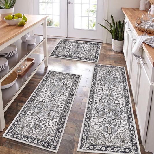 HEBE Boho Kitchen Rug Sets 3 Piece with Runner Non Slip Kitchen Rugs and Mats Washable Kitchen Mats for Floor Thick Kitchen Floor Mat Carpet Runner Rugs for Hallway Laundry Holiday Decor