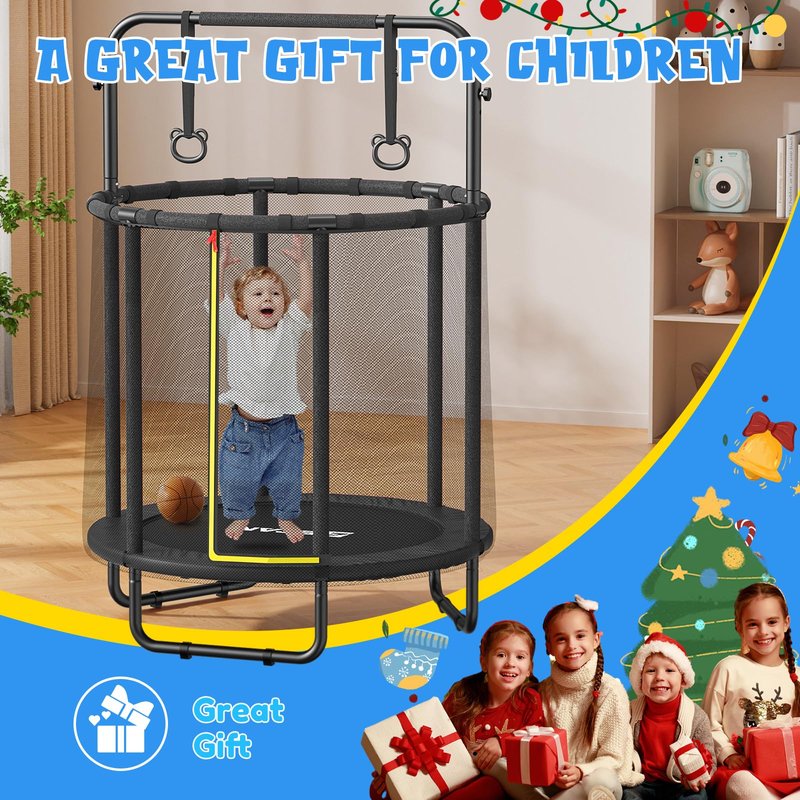 BCAN 55" Trampoline for Kids with Thickened Enclosure Net, Toddler Trampoline Indoor/Outdoor with Adjustable Gymnastics Bars & Basketball Hoop,Gifts for Boys & Girls Ages 1 to 8
