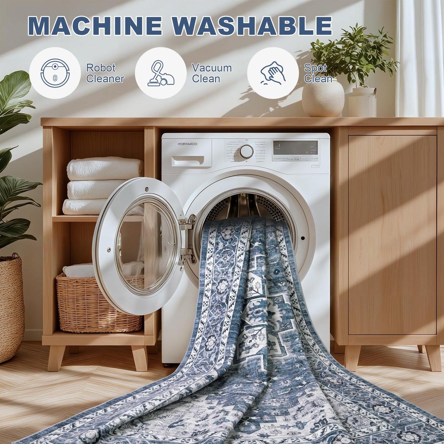 Hallway Runner Rug Non Slip - Washable 2.6x8 Kitchen Rugs for Living Room, Low-Pile Soft Bedroom Rug Indoor Floor Stain Resistant Carpets for Entryway, Laundry, Bathroom Blue