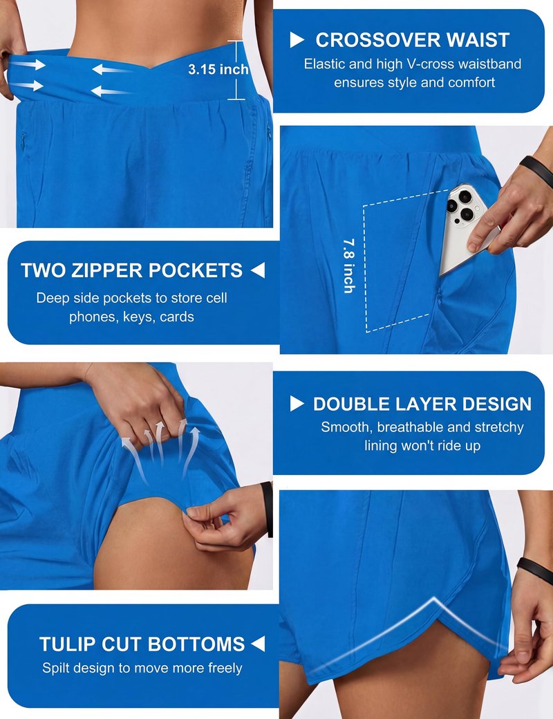Blooming Jelly Women's Workout Shorts Athletic Running Casual Summer Quick Dry Gym Active Shorts with Zipper Pocket (Blue,Large)