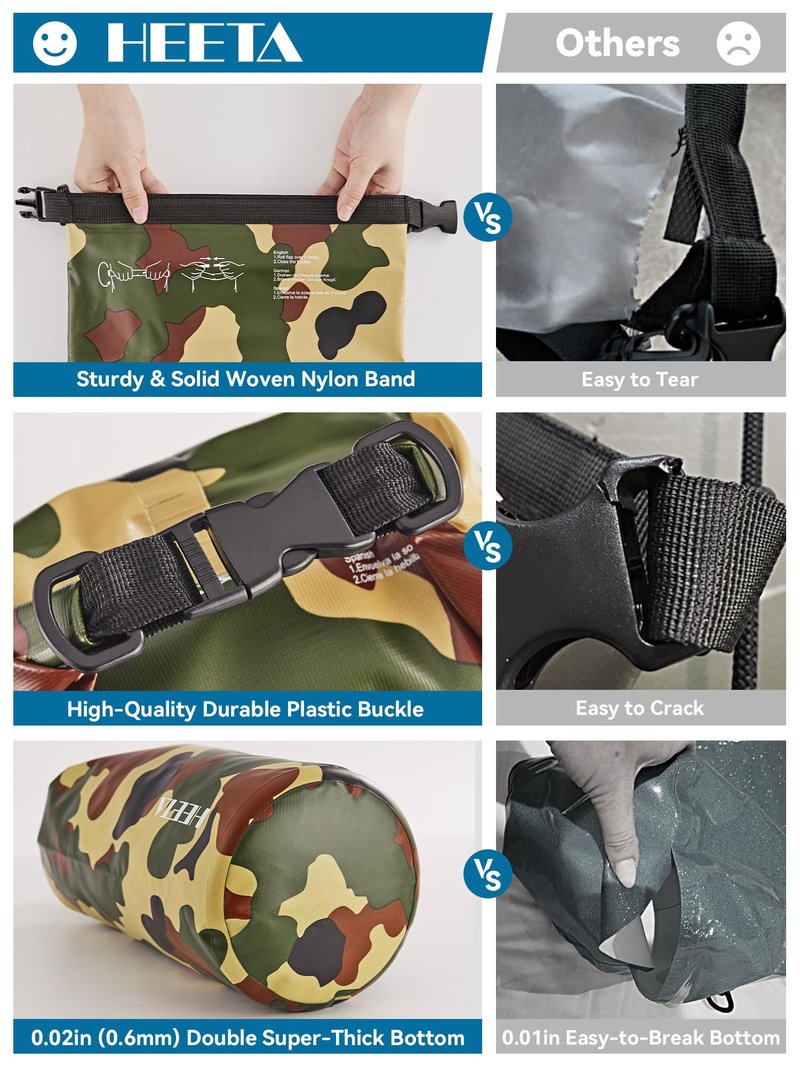 HEETA Waterproof Dry Bag for Women Men, Roll Top Lightweight Dry Storage Bag Backpack with Emergency Whistle for Travel, Kayaking, Boating, Camping, Beach, Cruise Ship Essentials (New Camouflage, 10L)