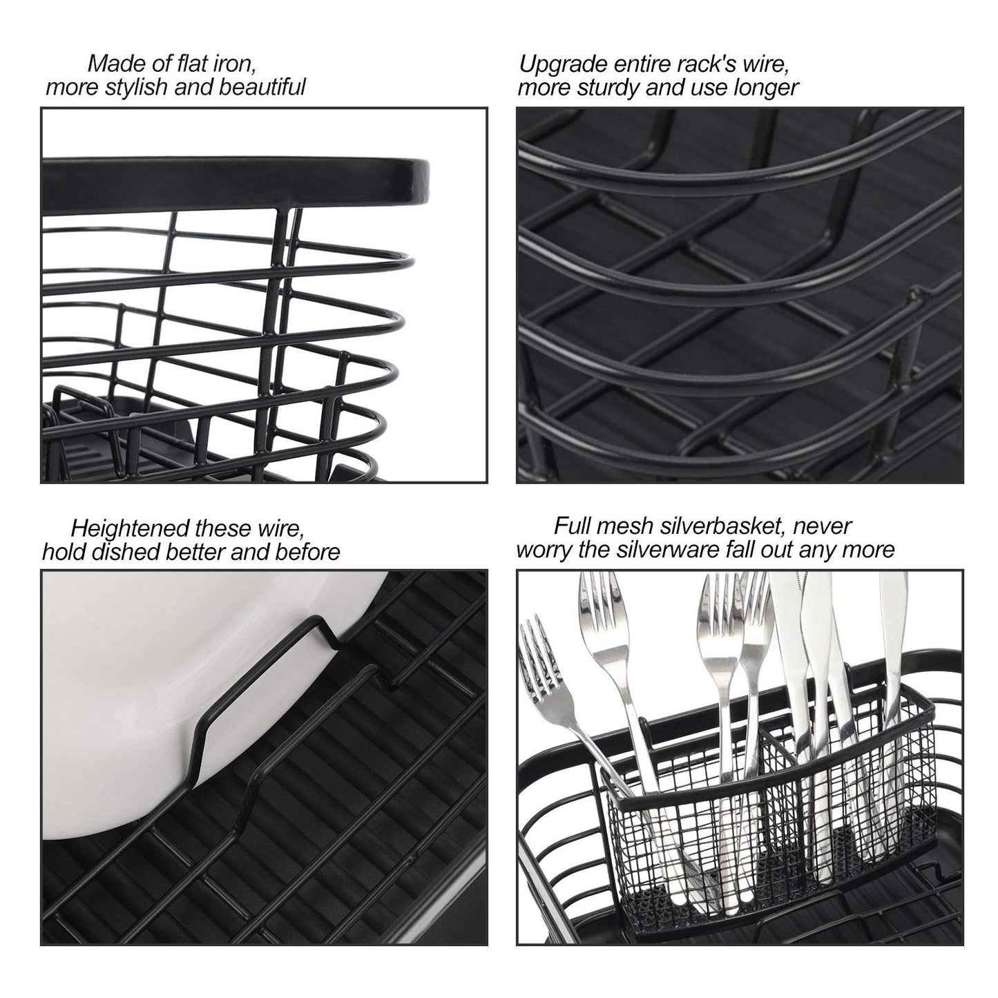 (Black) - ESYLIFE Kitchen Dish Drainer Drying Rack with Drip Tray and Full-Mesh Silverware Storage Basket, Black