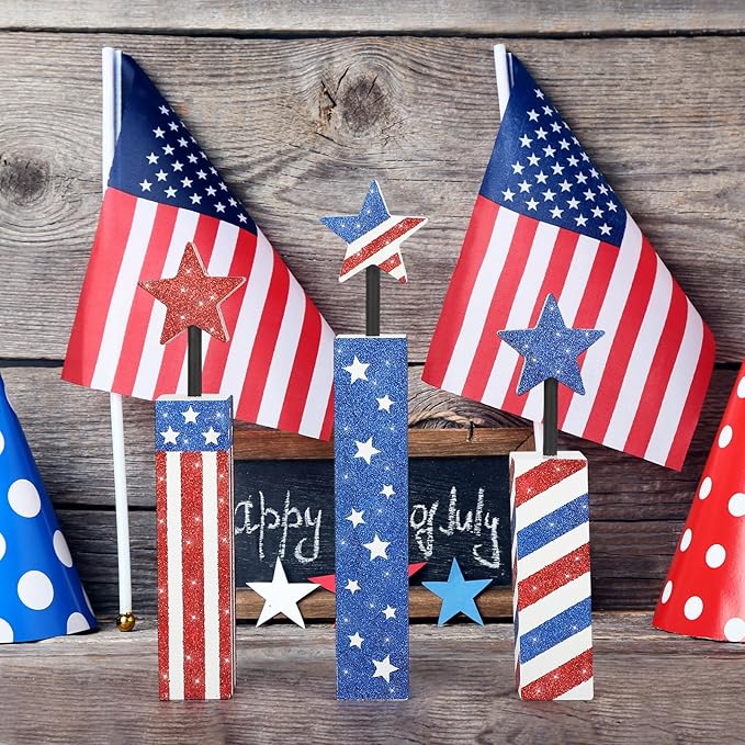 COCHIE 4th of July Decorations Set, Red White Blue Decor, Wooden Patriotic Memorial Day Tiered Tray Decor, Labor Day Decorations, Fourth of July Decoration for Home Office Table (Flag Shinny)