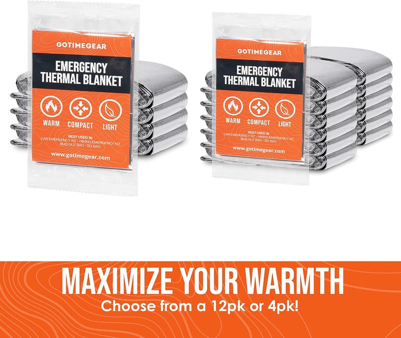 Emergency Survival Blankets - Mylar Thermal Blankets for Home, Camping & Hiking | 12 Pack, Compact & Lightweight