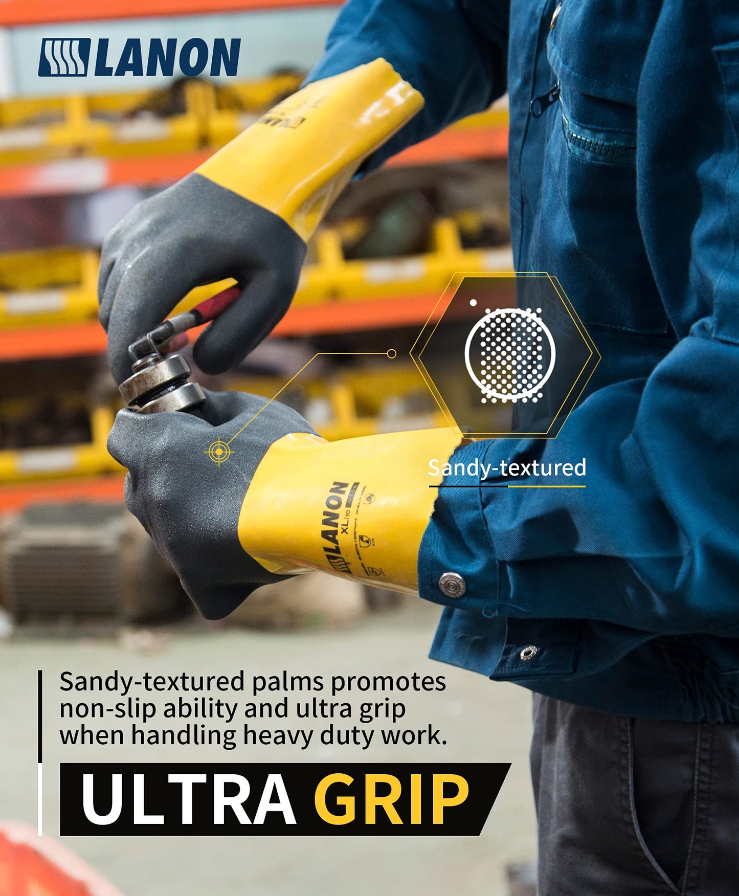 LANON PVC Chemical Resistant Gloves, Reusable Heavy-Duty Work Gloves, Acid, Alkali and Oil Protection, EN 374/388, Non-Slip, X-Large