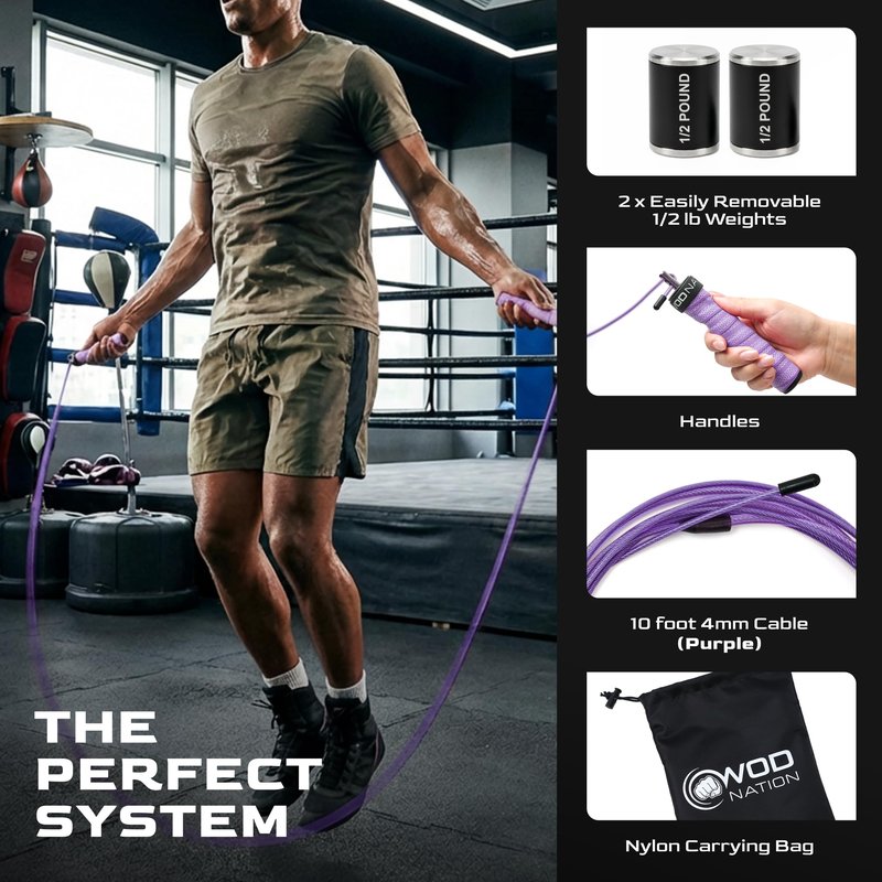 Weighted Jump Rope for Men & Women, 1LB Adjustable Heavy Speed Rope with Removable Handle Weights, Dual Cables for Cross Training Boxing Cardio & Home Workouts Durable Adult Fitness Jump Rope - Purple