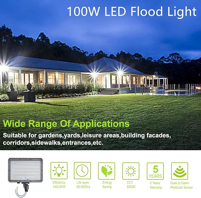 100W LED Flood Light with Knuckle, Outdoor floodlight Dusk to Dawn Photocell 5000K 14000lm AC100-277V Equivalent 1000W, ETL Waterproof Wall Mount LED Security Light for Yard Garden 2 Pack