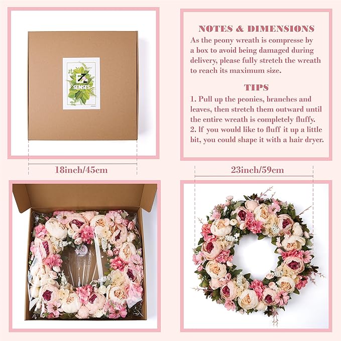 Peony Wreath 23" Floral Artificial Wreath for Front Door Wall Decor Home Décor Festival Celebration Wedding Party New Owners Seasonal Decoration Housewarming Gifts EZsenses (Light Pink)