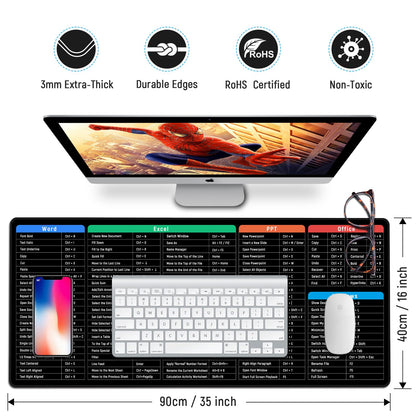 JIALONG Excel Shortcuts Mouse Mat Large XXL (900x400mm) Thick Extended Excel Cheat Sheet Desk Mat Soft Computer Keyboard Mouse Pad for Macbook, PC, Laptop, Office