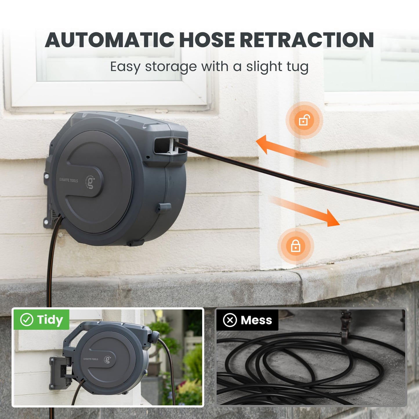 Giraffe Tools AW30 Garden Hose Reel Retractable 1/2" x 100 ft Wall Mounted Water Hose Reel Automatic Rewind, Any Length Lock, 100 ft, Dark Grey