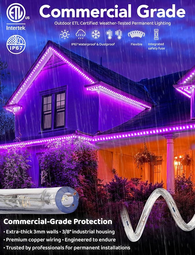 WYZworks 1656LEDs 150ft LED Outside Rope Lights, Outdoor ETL Certified Waterproof Permanent 360 Degree Light Emitting, Flexible Tube, Connectable, Christmas Palm Tree Exterior Landscape, Purple