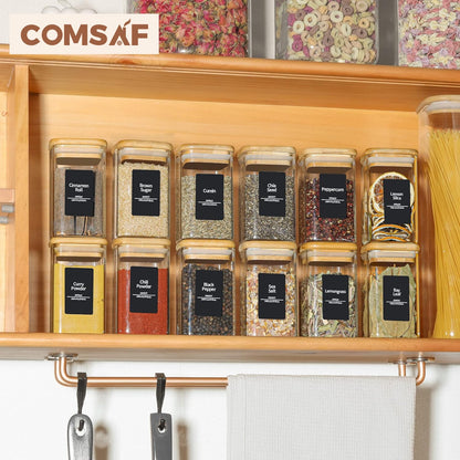 ComSaf 6Pcs 240ml Glass Spice Jars with Lids and Label, Glass Spice Bottle with Bamboo Lids Supplementary Set, Small Spice Container, Perfect for Ktichen Starter