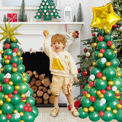 JANEF 122pcs Christmas Balloon Garland Arch Kit, Green Red Golden Latex Balloons Tree with Golden Balloons for Christmas Birthday Party Decoration