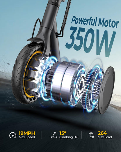 Electric Scooter with 350W Brushless Motor, 19 MPH Max Speed, 15 Miles Range, 8.5" Solid Tire, 3 Speed Modes, Cruise Control, Portable Commuter Escooter with APP, Dual Brake & E-Lock