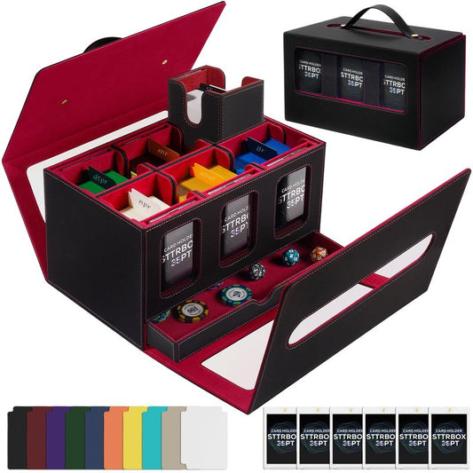 STTRBOX Commander Deck Box for MTG & TCG,Trading Card Storage Box with Handle,7 IN 1 Card Deck Case with display window,6 Magnetic Card Holders,1 sieve tray,6 Card Case,10 colored card.(Black & Red)